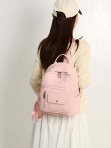 1pc Fashionable Avant-Garde Campus Style Multi-Pocket Solid Color PU Faux Leather Backpack, Women's New Minimalist Versatile Shopping Shoulder Bag - Multiple Colors - View 3