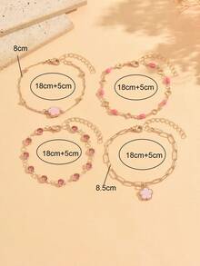4pcs/Set Elegant Exquisite Pink Rhinestone Enamel Bracelet Set, Fashion Five-Petal Flower Decor Women's Hand Jewelry, Suitable For Daily Wear, Dating, Vacation And Party - Multicolor - View 4