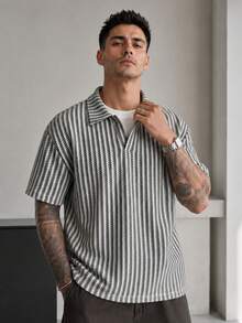 男士條紋短袖休閒百搭 Polo 衫 - 白色 - 查看 1