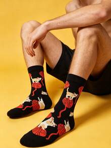 1 Pair Men Crew Socks, Cute Cat Kitten Yarn Ball Playful Themed Crew Socks, Unisex, Gift For Husband Son Boyfriend, Fall Winter Halloween Christmas - Multicolor - View 4