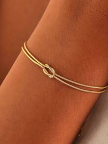 VJS 1pc Luxury Style Dual-Tone Stainless Steel Knot Design Open Cuff Bracelet, Suitable For Women's Daily Commute Wear - Knot Bracelet - View 4