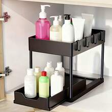 1pc Under Sink Storage Box, Bathroom Cabinet Storage Solution, Double Layer Sliding Basket Drawer, Multi-Function Bathroom Storage Basket, Space-Saving Double Layer Pull-Out Storage Rack - Durable Plastic Kitchen Bathroom Multi-Compartment Design, Suitable For Bottles, Seasonings, Utensils - Easy Access, Neat Countertop Storage For Under Sink Storage, With 8 Hooks - A - View 3