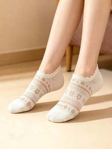 4 Pasang Kaos Kaki Wanita Polos Motif Bunga Berlian Model Pendek, Tipis dan Bernapas untuk Musim Semi/Panas - MultiWarna - View 3