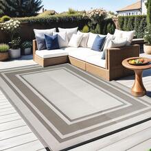 1pc Large Outdoor Rug[Free Tote Bag + 4 Ground Stakes], Outdoor Patio Rug, Washable, Plastic Straw PP Material, Suitable For Yard, Patio, Deck, Picnic, Porch, Balcony, Home Decor - Earth-tone Square Frame - View 8