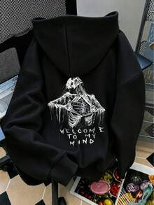 Street Style Skull Print Plus Size Pullover Sweatshirt, Long Sleeve Drawstring Pullover Sweatshirt Casual Black - Black - View 4