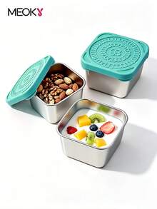 Meoky 3pcs 8oz Stainless Steel Snack Containers With Silicone Lids, Leak-Proof Small Food Storage Boxes, Reusable Metal Lunch Boxes For Snacks, Meal Prep, Travel & Picnic - Green*3-piece Set - View 1