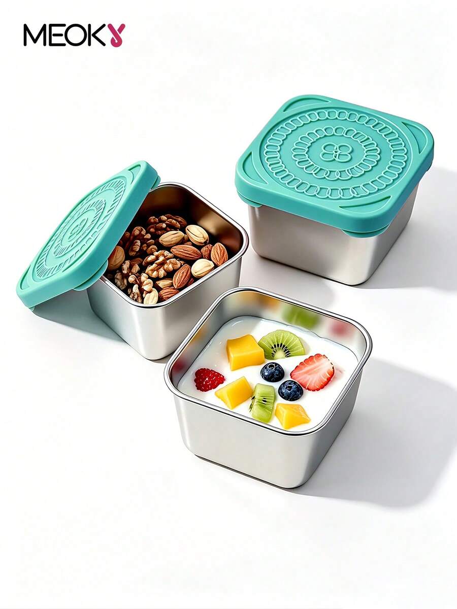 Meoky 3pcs 8oz Stainless Steel Snack Containers With Silicone Lids, Leak-Proof Small Food Storage Boxes, Reusable Metal Lunch Boxes For Snacks, Meal Prep, Travel & Picnic - Green*3-piece Set - View 1