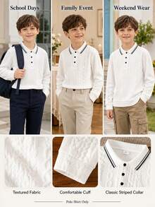 Tween Boy Casual Elegant Fashionable Handsome Textured Jacquard Fabric Long Sleeve POLO Shirt Suitable For Spring/Summer Season Suitable For Back To School Daily Outings Vacation - White - View 4