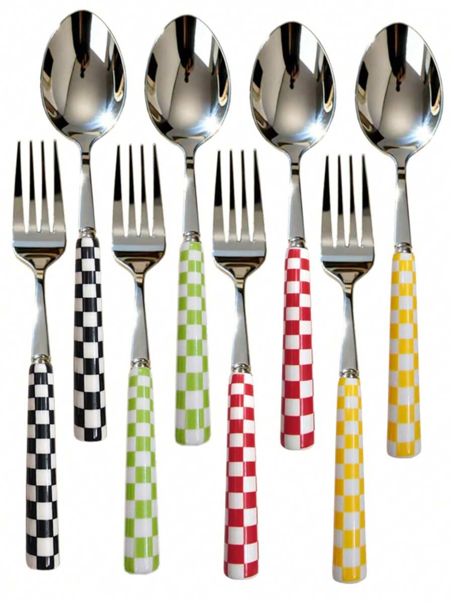 2/12pcs Unique Plaid Pattern Stainless Steel Cutlery Set, Elegant Porcelain, Multiple Colors, Includes Ceramic Handle Utensils, Creative Kitchen, Includes Forks And Spoons, Suitable For Daily Dining - Multicolor - View 1