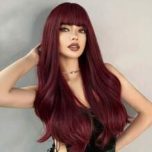 28 Inch Fluffy Wavy Burgundy Red Bangs Wig, Fashionable Voluminous Style, Suitable For All Women For Parties, Outings, Music Festivals And Daily Wear,Halloween - Burgundy - View 2
