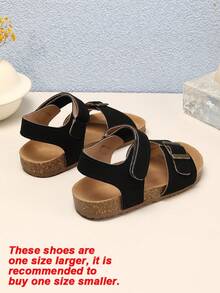 1 Pair Girls Solid Color Cork Sandals With Platform, Cute Solid Color Comfortable Thick Sole, Children Fashion Versatile Non-Slip Casual Beach Vacation Sandals, Suitable For Summer Outings (Sole/Insole Color Random) - Black - View 3