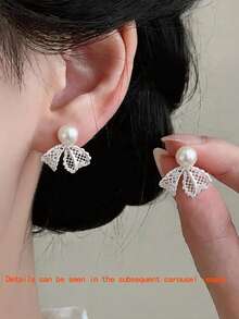 1 Pair Delicate Lace Bow Pearl Earrings, Luxury Elegant Design Versatile Earrings For Women - Silver - View 1