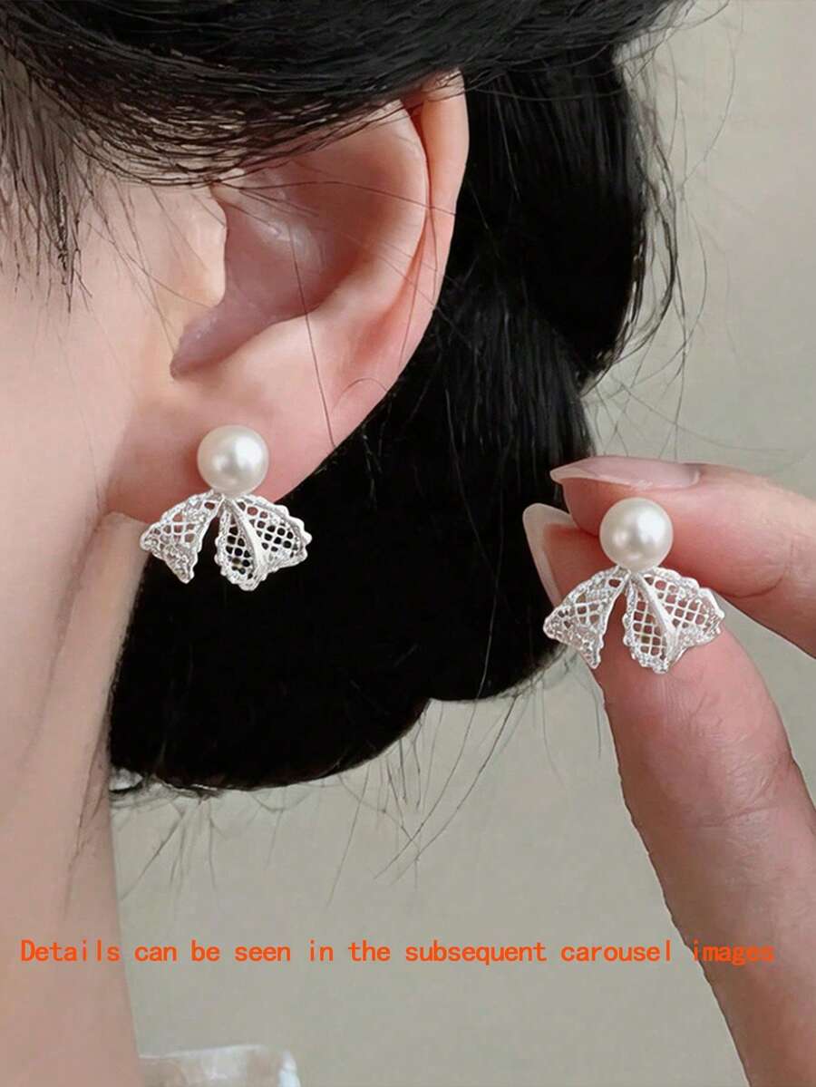 1 Pair Delicate Lace Bow Pearl Earrings, Luxury Elegant Design Versatile Earrings For Women - Silver - View 1