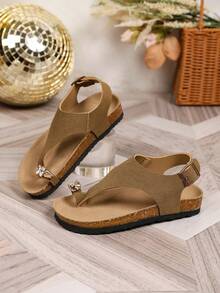 1 Pair Toddler Anti-Slip Soft Cork Sole Toe Strap Sandals With Rhinestone Decor And Adjustable Buckle, Suitable For Summer Daily Wear - Brown - View 4