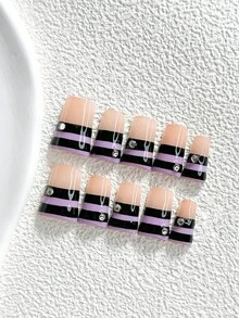 10片裝優雅手工穿戴甲，Polygel美甲套組，鑲鑽條紋元素，紫色與黑色，柔美風格，附美甲工具，3種尺寸可選：杏仁形、鴨嘴形、棺材形，適合派對、跳舞、日常穿戴 - 彩色 - 查看 18