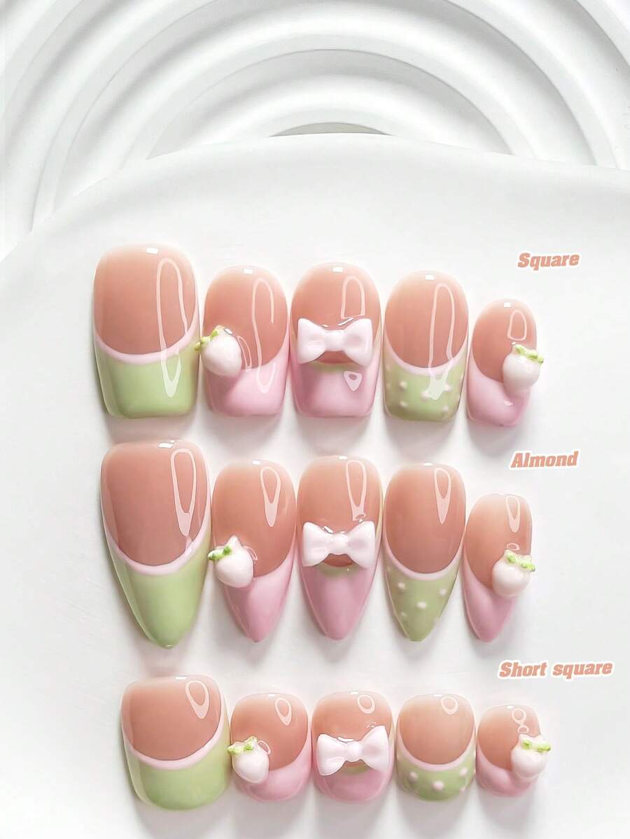 10片夏季甜美風手工穿戴甲，Polygel美甲套組，蝴蝶結設計，粉色與綠色，清新波點風格，附美甲工具，3種尺寸可選，方型/短方型/杏仁形，適合派對、跳舞、日常配戴 - 彩色 - 查看 1