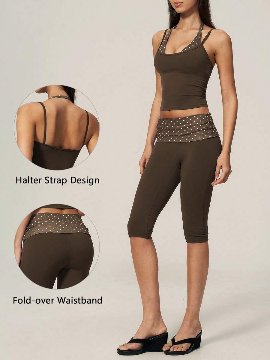 TimeOff Women's One Set Polka Dot 2 In 1 Patchwork V-Neck Halter Tank Top & Folded Waist Mid-Length Pants Sports Set - Brown - View 1