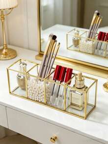 Makeup Brush Holder 3/4 Compartment Glass And Brass Cosmetic Storage 19.5*7*9cm Vintage Makeup Storage Box - Clear - View 9