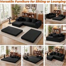 6-In-1 Boneless Couches L-Shaped Modular Sectional Sofa| Cloud Couch Sectional & Tri-Folding Mattress| Corduroy Pet-Friendly Convertible Sofa Bed With 800LB Capacity Apartment, Guest Room JMLS - Black - View 6