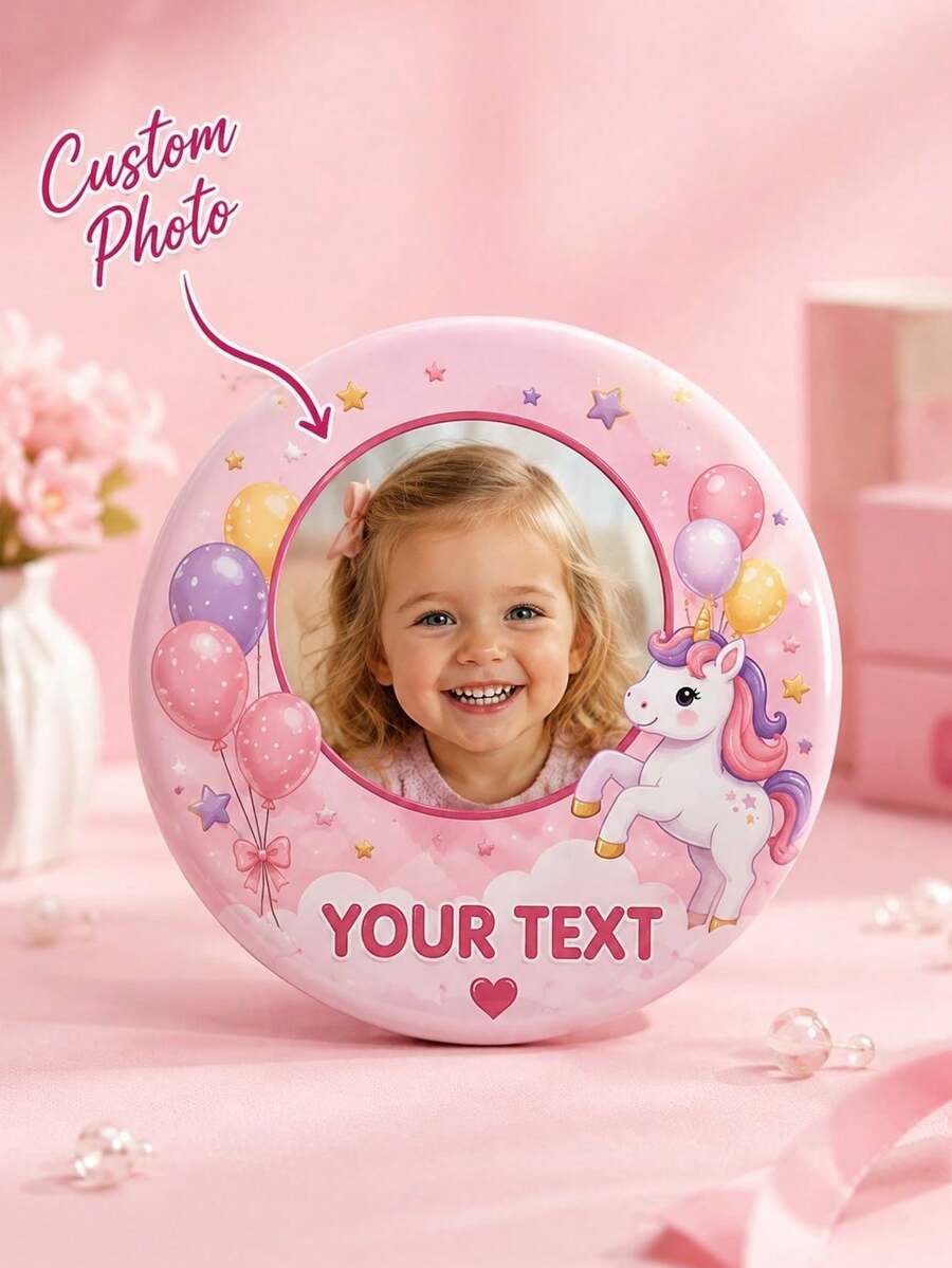 1 pieza Insignia de botón personalizada con foto, alfiler redondo personalizado con texto personalizado, diseño lindo de unicornio & globo, respaldo de alfiler de metal, recuerdo fotográfico para mochila, ja - Multicolor - Ver 1