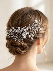 1pc Women's Fashion High-End Heavy Rhinestone Flower Hair Accessory Hair Comb - Silver - View 1