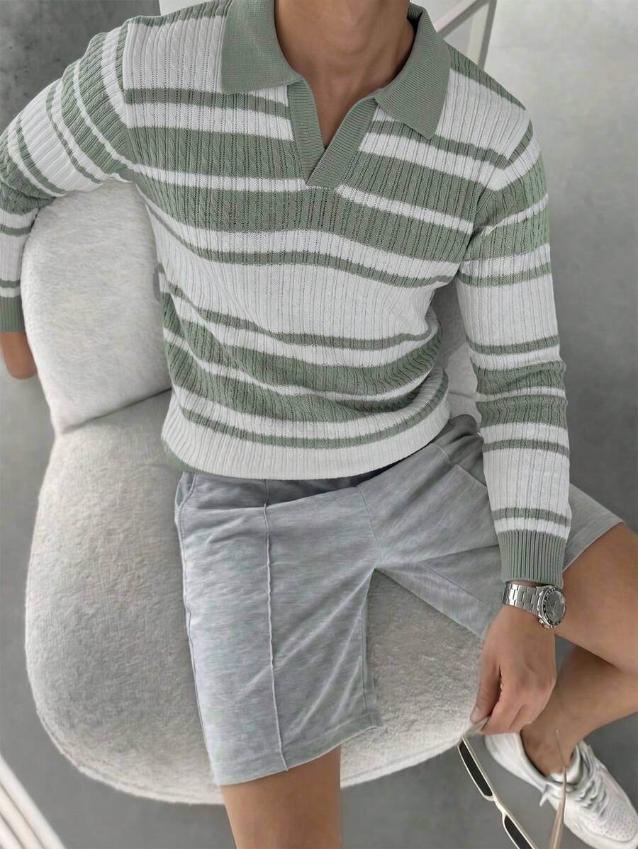1pc Boys' Teen Retro Colorblock Green & White Striped Knit Polo Shirt, Autumn/Winter - Green - View 1