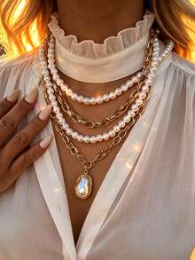 4pcs/Set Layered Fashion Minimalist Elegant Exquisite Vintage Design Geometric Faux Pearl Chain Minimalist Plain Chain Multi-Layer Pendant Necklace Set, Holiday Vacation Party Date Gift, Daily Commute Wear, Personalized - Yellow Gold - View 2