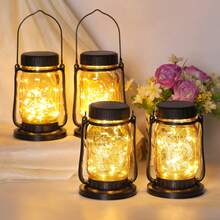 4pcs Solar Hanging Outdoor Lanterns, IP65, 600mAh Long-Lasting Battery, Super Bright Imported LEDs, High-Efficiency Solar Panel, 30 Warm White Fairy Lights, Vintage Mason Jar Design For Yard, Patio, Wedding & Christmas Decor - 4 件裝 - 查看 11