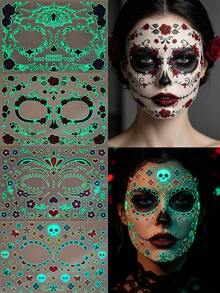2sheets/4 Sheets Glow In The Dark Halloween Tattoo Stickers, Day Of The Dead Face Makeup Tattoos, Goth Spider Web & Darkness Rose & Skull Waterproof Temporary Tattoo Stickers, Halloween Fake Tattoos For Halloween Parties & Gifts - Multicolor - View 3