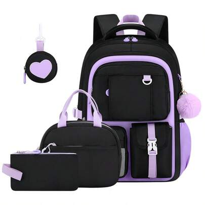 BXboat 4PCS Heart-Shaped School Backpack Set With Handbag Pouch Embroidery, BagBack-To-School Backpack, Lightweight High-Capacity Book Bag, Teen Travel And Leisure Backpack