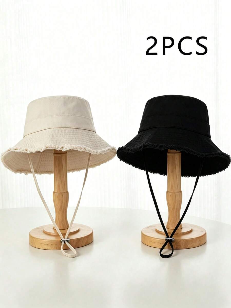 2pcs Unisex Y2K Style Frayed Edge Bucket Hat, Outdoor Sun Protection Hat Suitable For Outdoor Sports, Sunshade And Daily Commute - Beige + Black - View 1