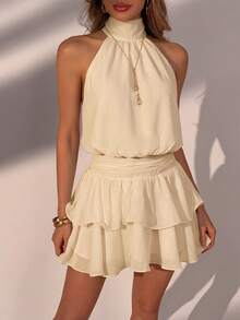 Elegante Vestido Mini de Moda con Cuello Halter, Espalda Descubierta y Volantes en Capas para Boda - Amarillo - Ver 7