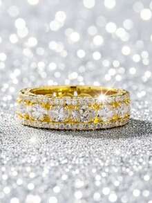 1pc 14k Gold Plated Double Row Full Zirconia Oval Diamond Ring, Luxury ...