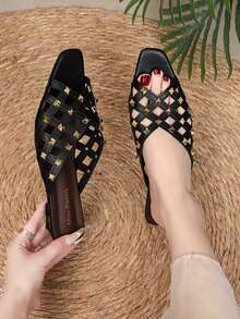 Women's Mesh Rivet Square Toe Flat Slide Sandals, Hollow Toe Closed Mule Slippers, Punk Cool Slouchy Slides, Summer Commute Streetwear Versatile Niche Slimming Casual Closed Toe Sandals - Black - View 6
