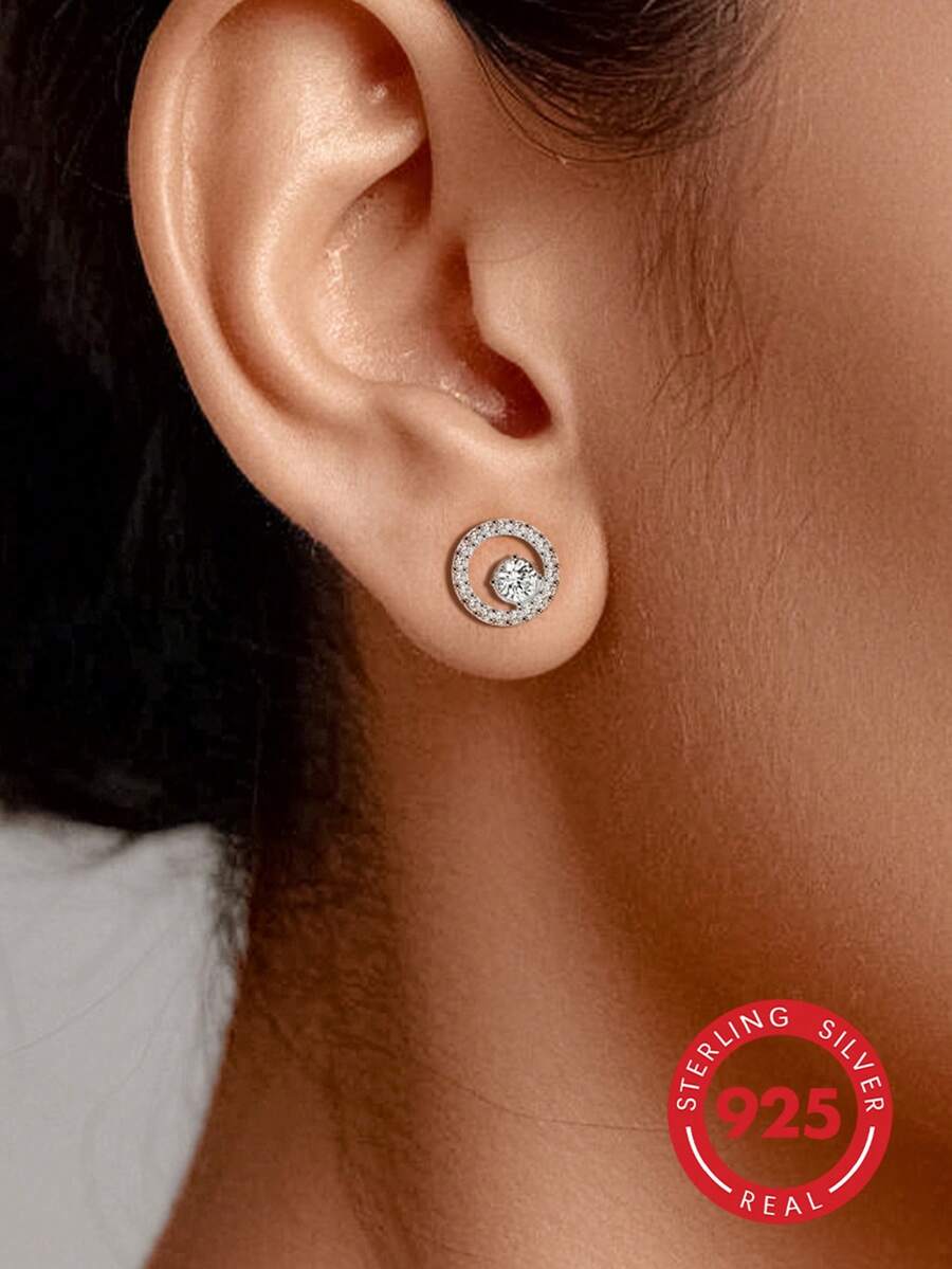 1 paire de boucles d'oreilles à tige rondes à double couche en argent sterling 925 ton argent avec strass complets, boucles d'oreilles de luxe minimalistes pour femmes, bijoux cadeau de couple pour fiançailles et mariage