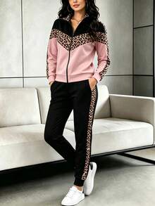 Setelan 2 Potong Atasan Lengan Panjang dan Celana Motif Leopard Blok Warna Terbaru Musim Semi, Gugur, dan Musim Dingin - Merah muda+Hitam - View 5