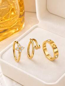 304 Stainless Steel 18K Gold Plated Stackable Ring Set, 3-Piece Gold Ring Set, Women's Style Design, Hypoallergenic Minimalist Jewelry, Perfect Mother's Day Gift, Summer Vacation Accessory - Star - View 2