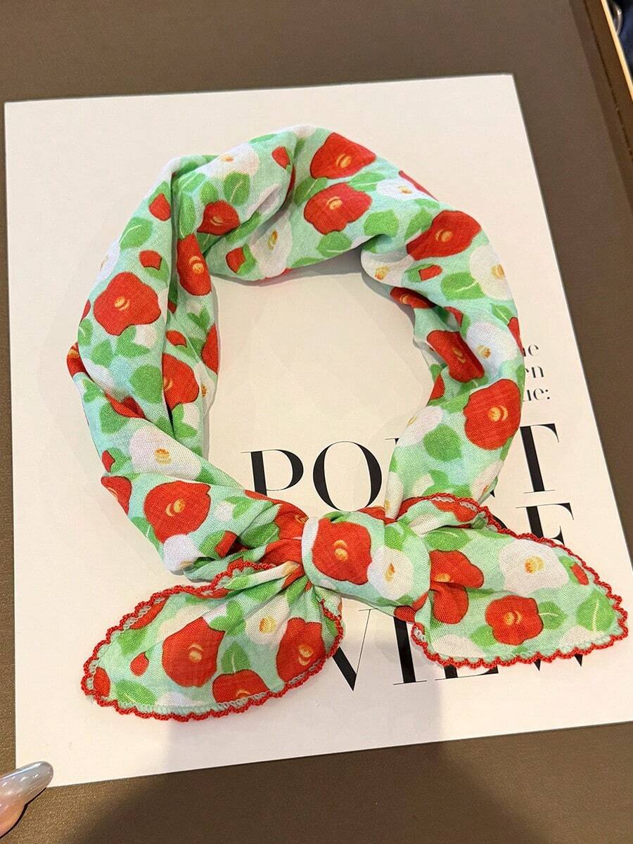 1pc Small Floral Pattern Square Silk Scarf Women Spring Autumn New High-End Gauze Scarf Versatile Decorative Neck Scarf Thin Elegant - Red and Green - View 1