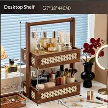 1PC Double Layer Woven Rattan Desktop Storage Rack, Storage Basket, Handheld Makeup Skincare Lipstick Organizer Tray, Home Bedroom Vanity Makeup Table Jewelry Storage Box, Desktop Sundries Aromatherapy Storage Basket, Nordic Minimalist Home Decor Ornament, Jewelry Necklace Ring Jewelry Box, Suitable For Vanity, Desk, Bathroom Countertop, Girls Makeup Supplies Storage Organizer Basket, Christmas Halloween Holiday Gift Multi-Functional Desktop Layered Storage Rack - Multicolor - View 9