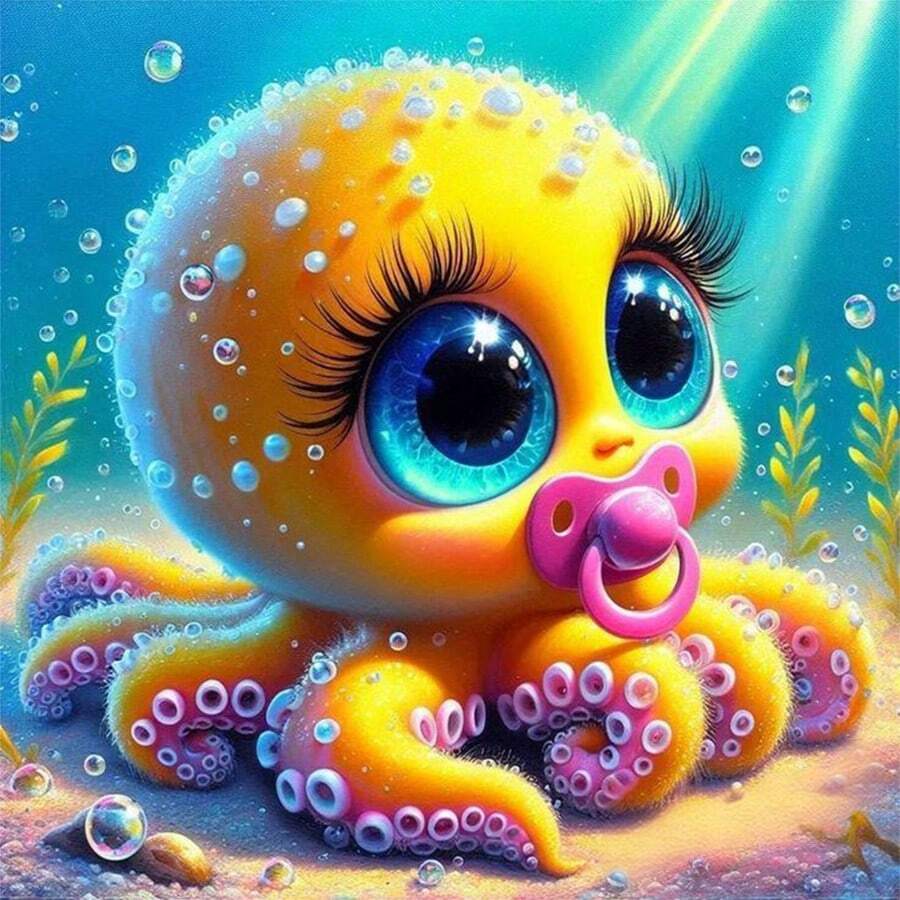 1PC | 5D DIY Diamond Painting | Cute Pacifier Octopus Pattern Diamond Painting Kit, Round Full Drill Mosaic Craft Set, High Definition Art Diamond Painting, Focus And Relax Through DIY, Suitable For Living Room, Bedroom, Office Wall Decoration, Surprise Holiday Home Decor Gift For Family And Friends, Unframed - round diamond - View 1