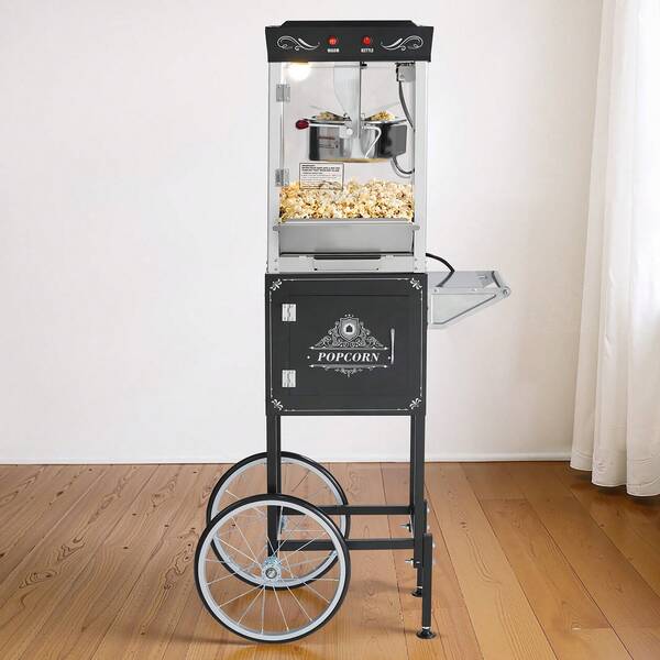 Machine à pop-corn avec chariot, cuve en acier inoxydable de 0,2 kg, machine à pop-corn commerciale 800 W, pop-corn style cinéma 48 tasses par fournée, avec commande à 2 boutons, paroi en verre, porte PC, 1 pelle, 3 cuillères, noir