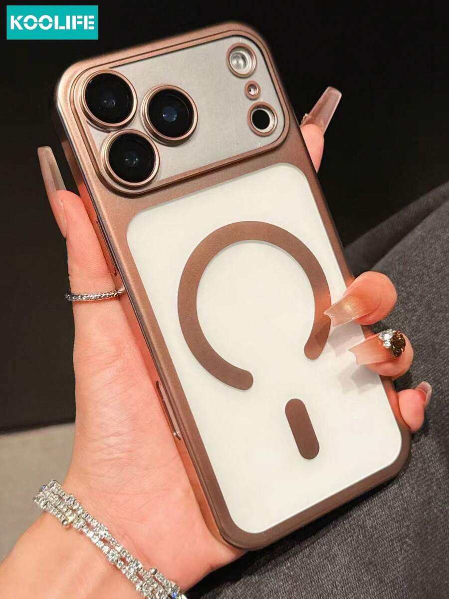 Koolife 1pc Electroplated Magnetic Phone Case, PC Hard Phone Case, Built-In Camera Lens Film, Shockproof Protective Phone Case, Compatible With IPhone 17/17 Pro/17 Pro Max - Coffee - View 1