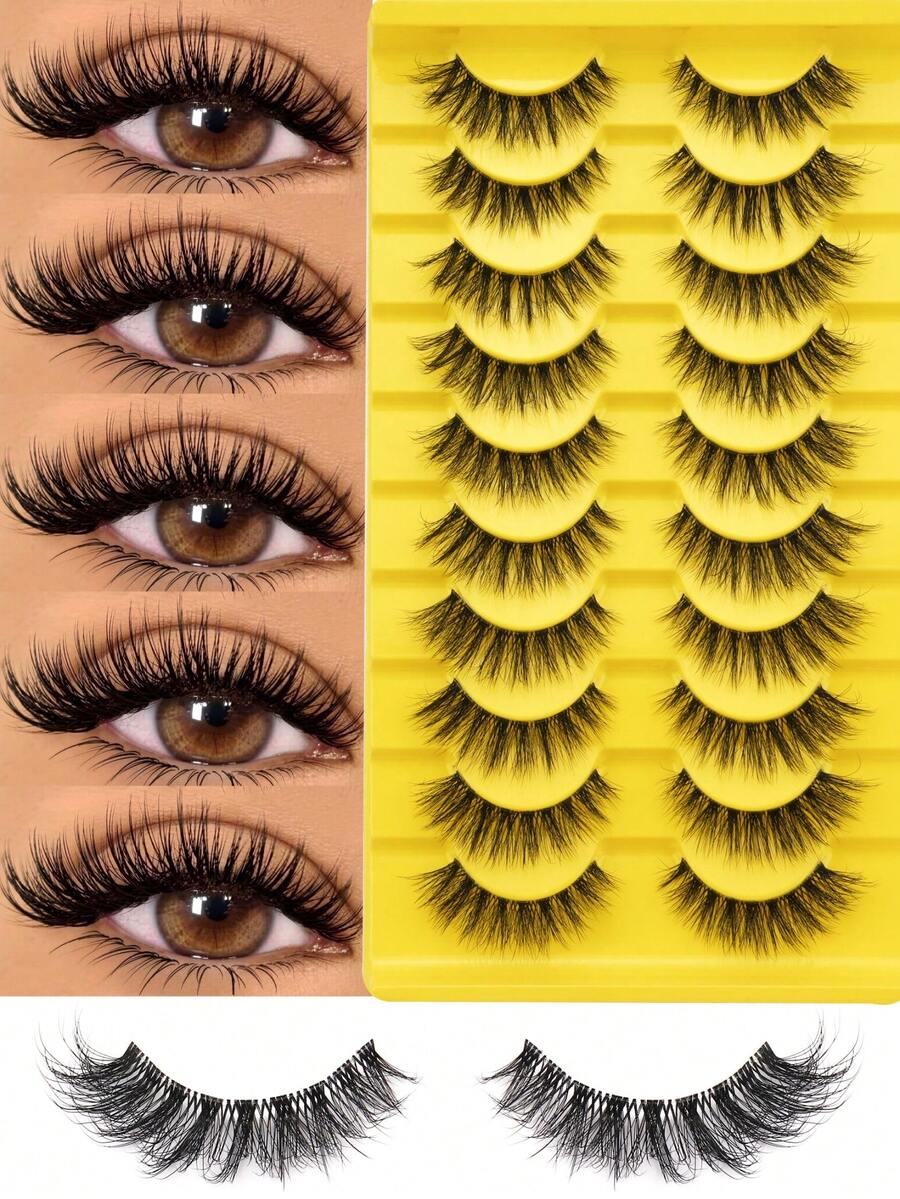 10 Pairs Transparent Stem False Eyelashes, D Curl 3D Fluffy Style, Suitable For Daily, Party Makeup, Natural Lash Strip - Natural Lashes - View 1
