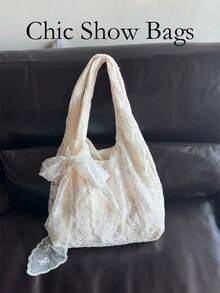 Sac fourre-tout à l'épaule pour femmes, tissu de dentelle brodé de fleurs, décoration de nœud en dentelle transparente, sac à main de style campagnard féerique à grande capacité souple, utilisation quotidienne pour les courses d'été - Blanc - Voir 2