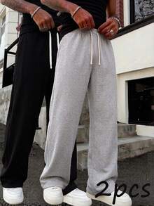 2pcs Plus Size Men's Casual Sports Sweatpants, Loose Straight Fit, Excellent Drape Suitable For Home And Outdoor Multiple Scenarios, Can Be Used As Couple Gift, Made Of 100% Polyester Fiber, Drawstring Waist Adjustment, Suitable As Gift For Boyfriend And Father, Can Be Used As New Year Gift, Christmas Gift, Halloween Gift - Multicolor - View 3