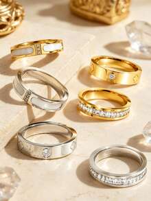 Set Cincin Wanita Stainless Steel Bertatahkan Elemen Daun Semanggi Elegan 3 Buah Satu Baris, Cocok untuk Kasual, Kencan, Berbagai Acara atau Hadiah Liburan untuk Teman - WD008JZ-8+JM757JZ-8+FSY034JZ-8 - View 1