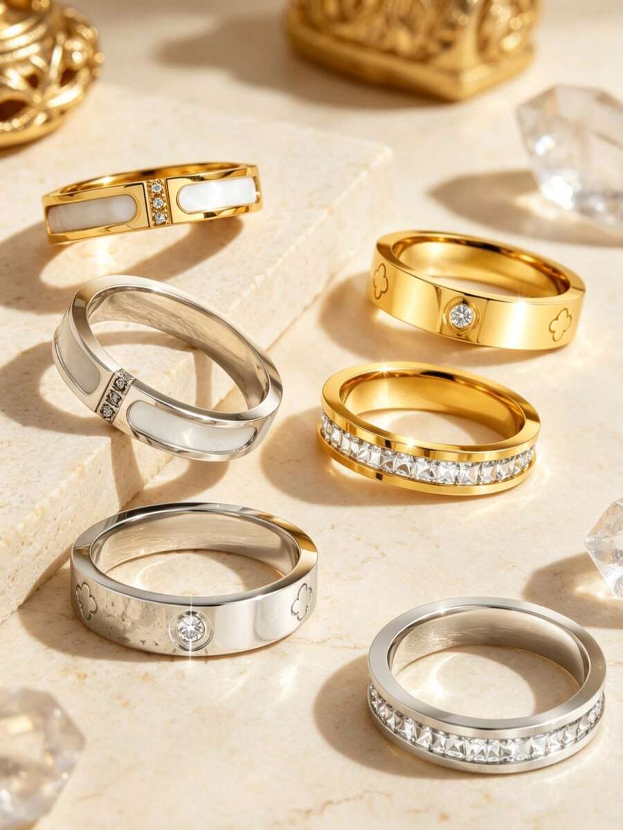 Set Cincin Wanita Stainless Steel Bertatahkan Elemen Daun Semanggi Elegan 3 Buah Satu Baris, Cocok untuk Kasual, Kencan, Berbagai Acara atau Hadiah Liburan untuk Teman - WD008JZ-8+JM757JZ-8+FSY034JZ-8 - View 1