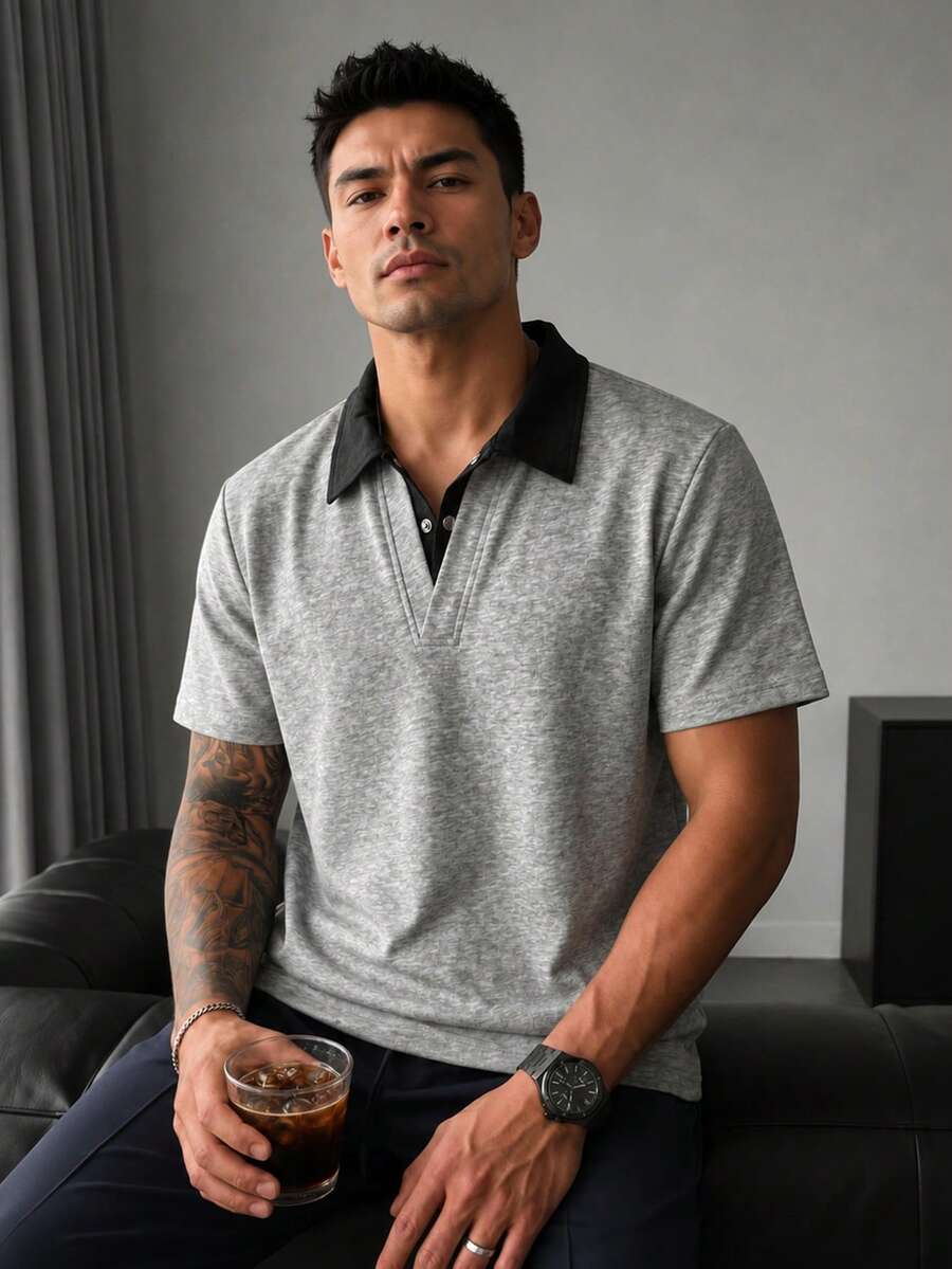 Blueprint Man 1件男士 Polo 衫 對比色領口金屬鈕扣 2合1按扣設計 舒適親膚針織面料 透氣抗起球 輕商務輕奢休閒風 男士上衣 日常通勤商務休閒 - 灰色 - 查看 1