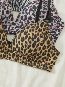 4-Piece Set Of Women's Leopard Print Three-Button Adjustable Shoulder Strap Bra With French Fixed Cups - Multicolor - View 5