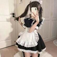 [2026新作] 白黒 メイド服 ロリータ 4点セット可愛い 大きなリボンドレス 40〜60kg コスプレ アニメ エプロン付き ロリィタファッション  ワンピース+エプロン+レースカチューシャ+大リボン コスプレアニメ - ブラック - チェックする 1